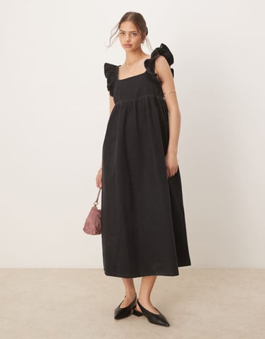 ASOS DESIGN denim smock maxi dress with bow back in black