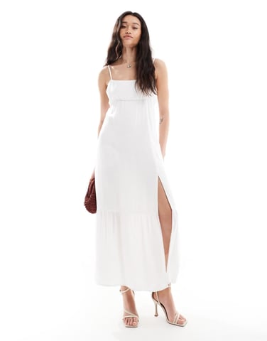 Hollister square neck babydoll maxi dress with a slit in white