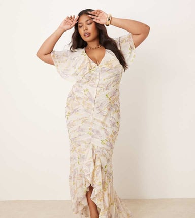 ASOS DESIGN Curve pintuck maxi dress with cape flutter sleeve in wisteria floral print