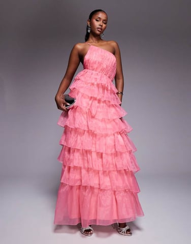ASOS LUXE organza asymmetric ruffle maxi dress in Pink