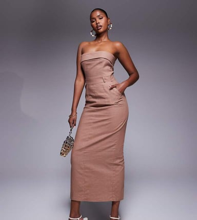 Kaiia exclusive linen tailored fold over bandeau back split maxi dress in brown