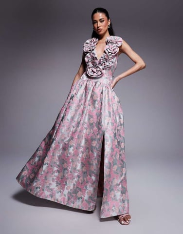 ASOS LUXE jacquard plunge drop waist corsage maxi dress in ditsy floral