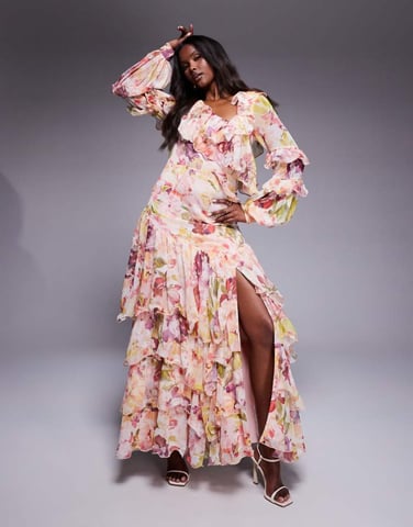 ASOS LUXE organza and chiffon printed asymmetrical maxi dress with in vintage floral