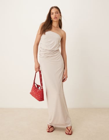 SNDYS ruched side detail bandeau maxi dress in stone
