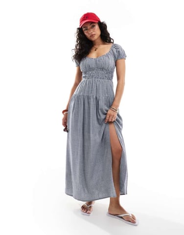 Hollister short sleeve milkmaid smocked waist maxi dress in blue picnic