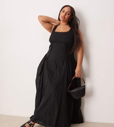 ASOS DESIGN Curve prairie square neck maxi sundress with dropped waist in black