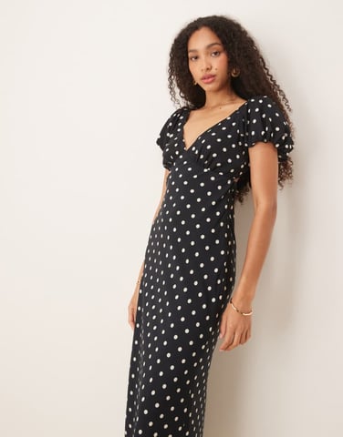 Abercrombie & Fitch puff sleeve tie back slip maxi dress in black polka dot