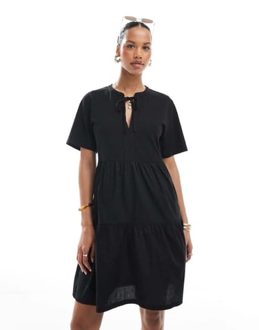 Threadbare cotton rich tiered short sleeve mini dress with keyhole detail in black