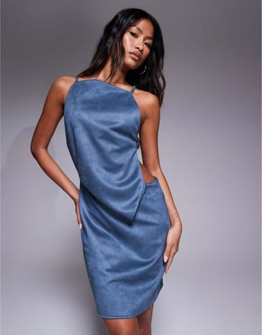 ASOS DESIGN slash neck suede mini dress with asymmetric back in navy