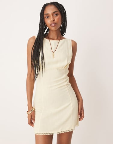ASOS DESIGN ruched bust with lace trim mini dress in lemon