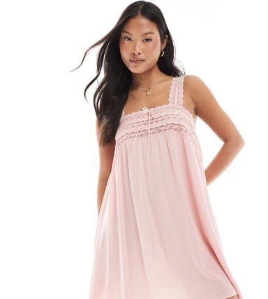 Miss Selfridge Petite lace trim cheese cloth mini dress in dusty pink