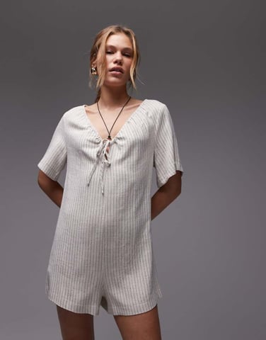 Topshop tie front chuck on romper in natural stripe
