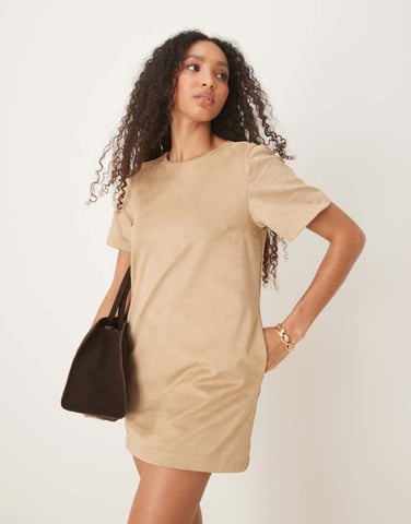 Abercrombie & Fitch short sleeve crew neck suede t-shirt mini dress in light brown