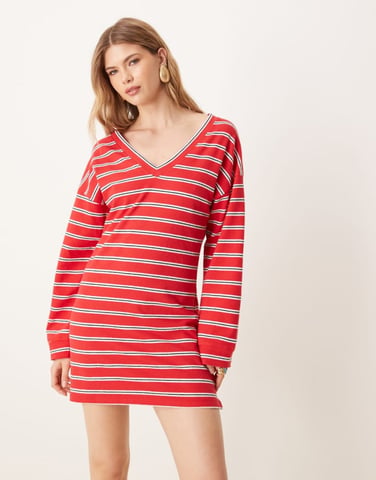 ASOS DESIGN V front long sleeve T-shirt mini dress in red stripe