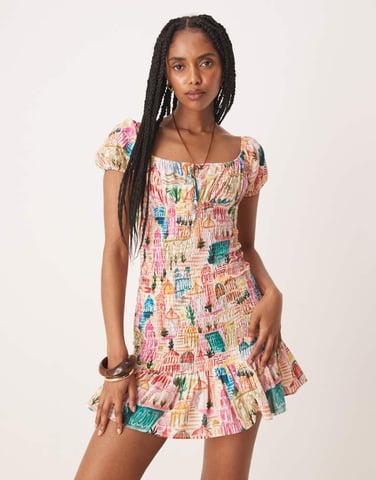 ASOS DESIGN bardot tie front shirred mini dress in floral print