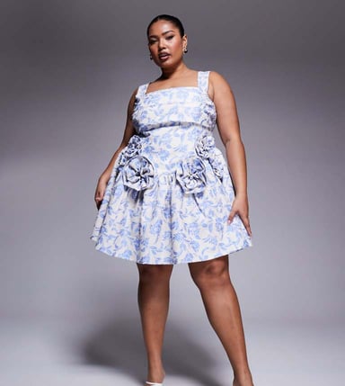 ASOS LUXE Curve jacquard pleated bust mini skater dress with corsages in tapestry floral