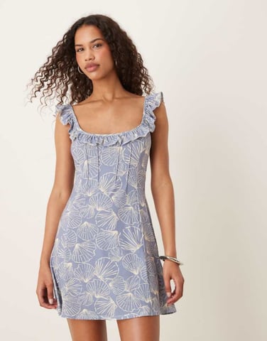 ASOS DESIGN frill front and straps mini dress in blue seashell print