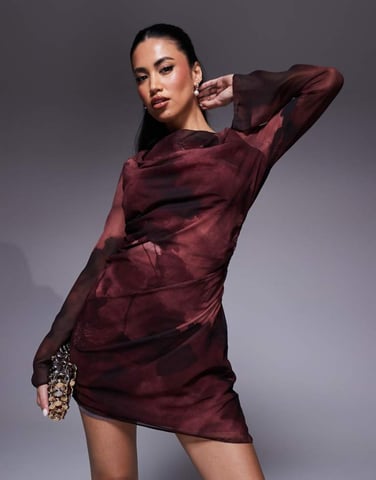 ASOS DESIGN draped asymmetric long sleeve mini dress in burgundy floral print