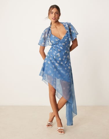 ASOS DESIGN asymmetric mini tea dress with flutter cape sleeve in blue ombre daisy print