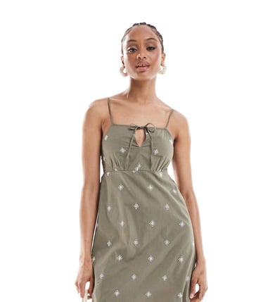 ONLY Tall embroided detail mini cami dress in khaki