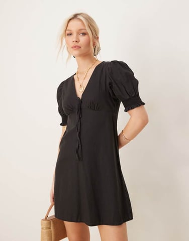 ASOS DESIGN soft denim puff sleeve mini dress with frill detail in wash black
