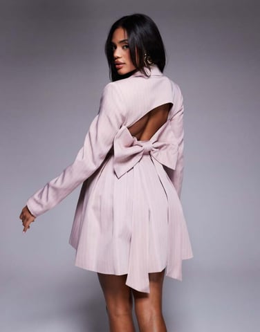 ASOS LUXE tailored blazer dress with bow back in pink pinstripe