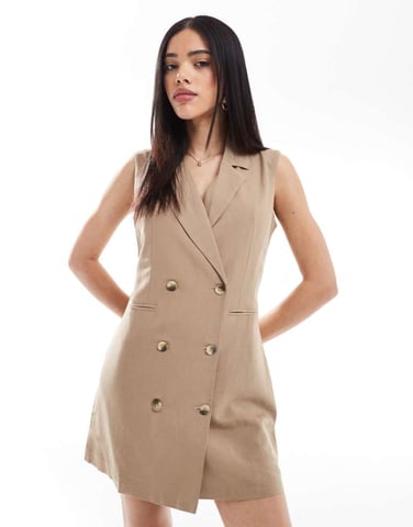 French Connection linen sleeveless blazer mini dress in tan