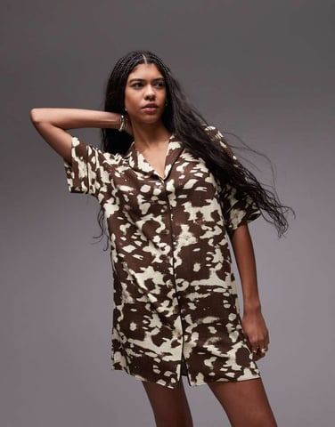Topshop souvenir mini shirt dress in abstract cow hide print