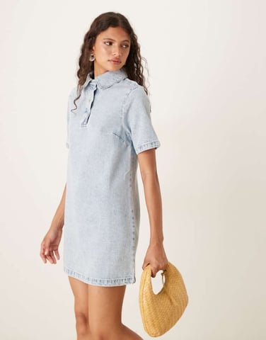 ASOS DESIGN denim polo mini dress in lightwash