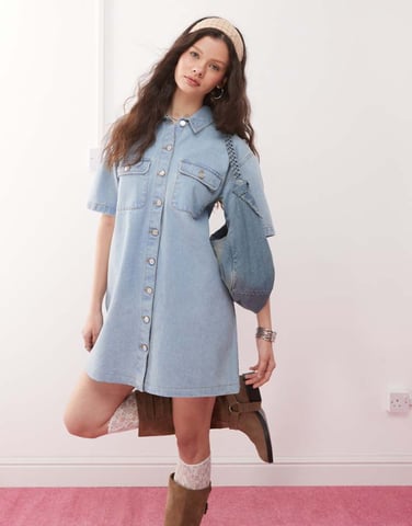Miss Selfridge oversized short sleeve denim shirt dress in bleach wash
