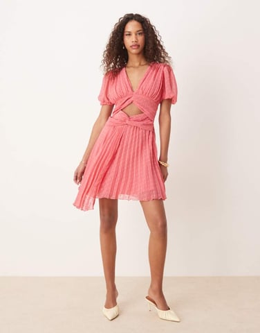 ASOS DESIGN V neck double twist front pleated mini dress in coral pink