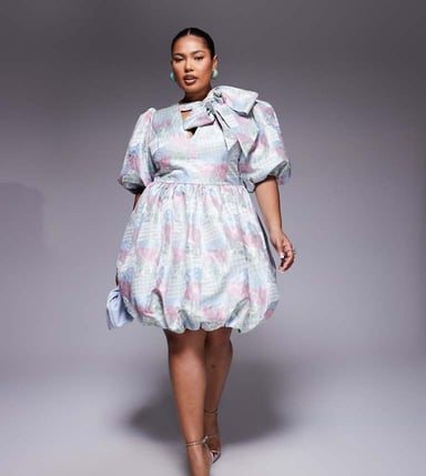 ASOS LUXE Curve jacquard puff sleeve mini dress with bow in multi patch work print