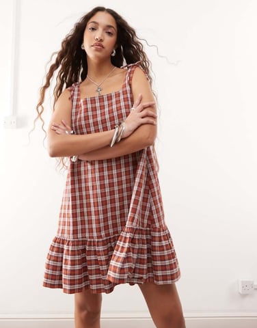 COLLUSION square neck check babydoll mini dress in brown check