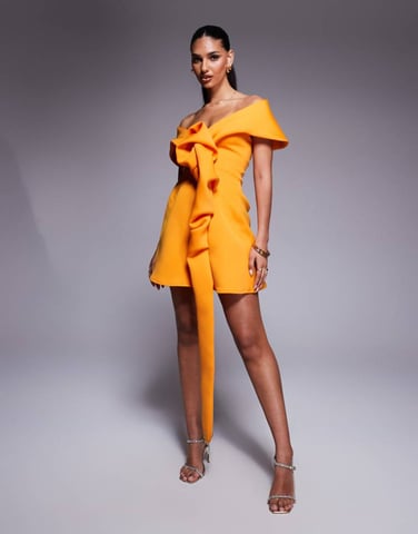 ASOS DESIGN just off shoulder mini dress with manipulated front detailing and a-line skirt in orange in scuba-style fabric