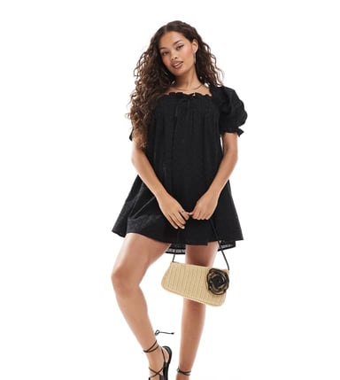 Miss Selfridge Petite broderie smock dress in black