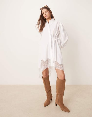 ASOS DESIGN shirt dress with side tie and lace asymmetric hem in white