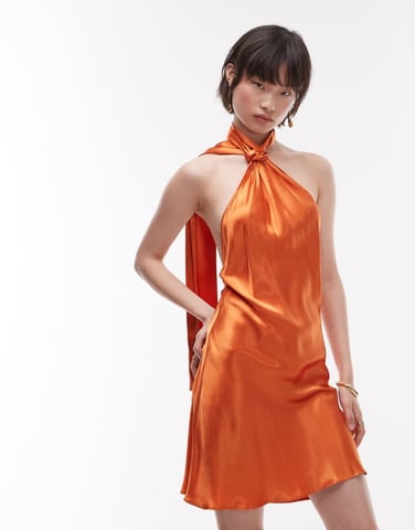 Topshop tie neck halter mini dress satin in rust