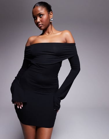 ASOS DESIGN long sleeve bardot mini dress with hardware trim back in black