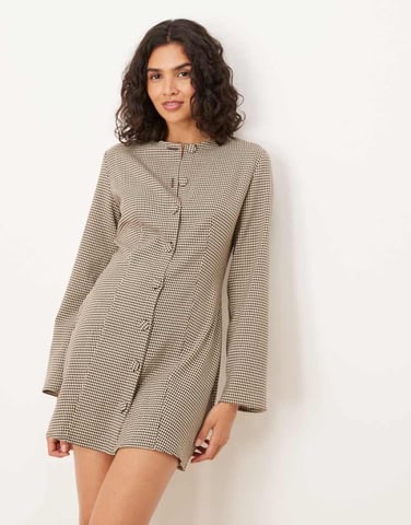 ASOS DESIGN seamed button down mini dress in brown check