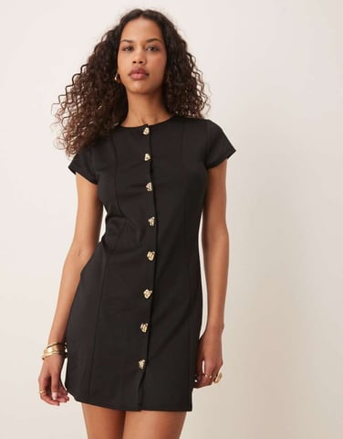 ASOS DESIGN short sleeve seam button detail mini dress in black