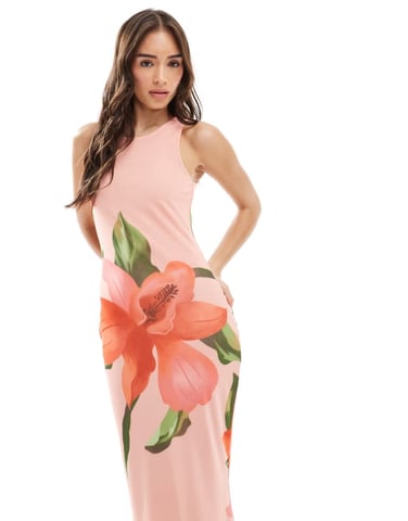 Vero Moda sleeveless seam front mesh dress in overblown hibiscus floral print