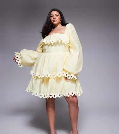 ASOS LUXE Curve tiered puff sleeve mini dress with cut out trim in buttermilk