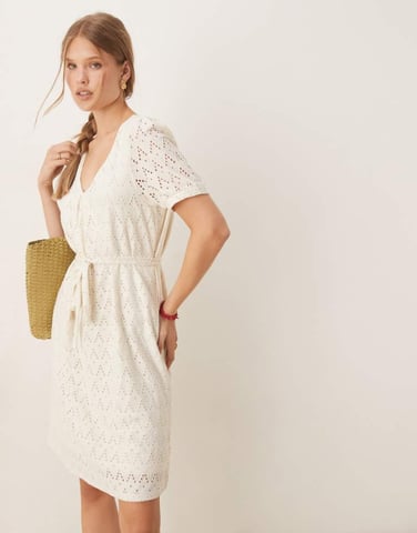 Vila jersey broderie tie waist puff sleeve dress in cream