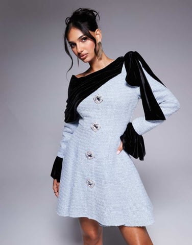ASOS LUXE boucle and velvet mini dress with embellished buttons in Ice Blue