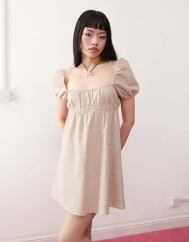 Monki linen puff sleeve mini dress in beige