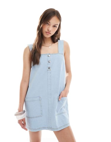 Miss Selfridge button up denim baby doll dress in bleach wash
