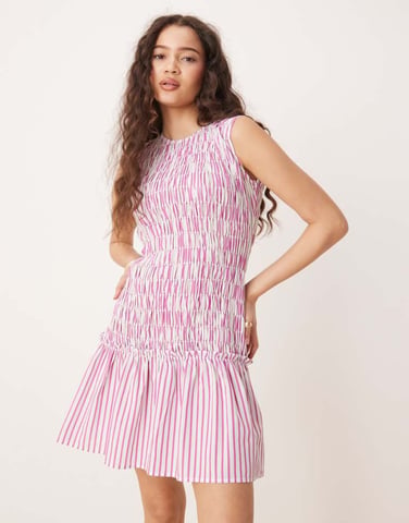 Glamorous shirred drop waist mini dress in pink stripe