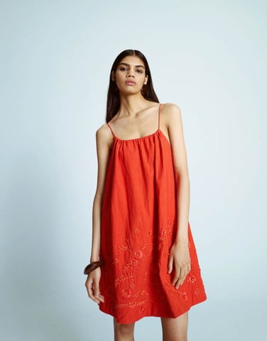 Topshop trapeze swing mini dress with raffia embroidery in red