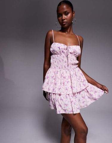 Missyempire shirred waist tie front tiered cami mini dress in pink floral