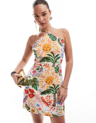Vero Moda halter mini dress in conversational tropical print
